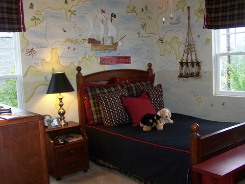 Beautiful Treasure Map Wall Mural with Panel Bed,Nightstand, Dresser and Matching Curtains and Bedding
